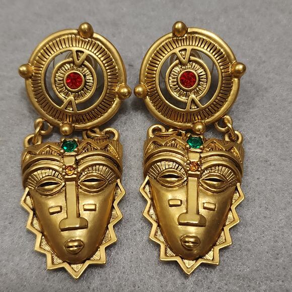Vintage 1993 Avon Tribal African Aztec Egyptian Inspired Mask Brooch-Earring Set - Picture 3 of 11